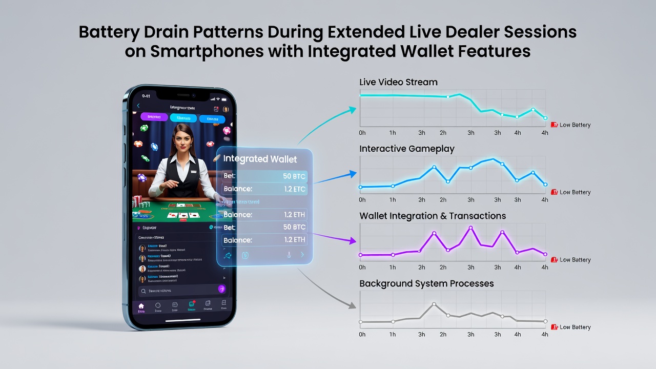 Diagramm mit Batterieverbrauchskurven über Zeit bei Live-Dealer-Sessions auf verschiedenen Smartphone-Modellen